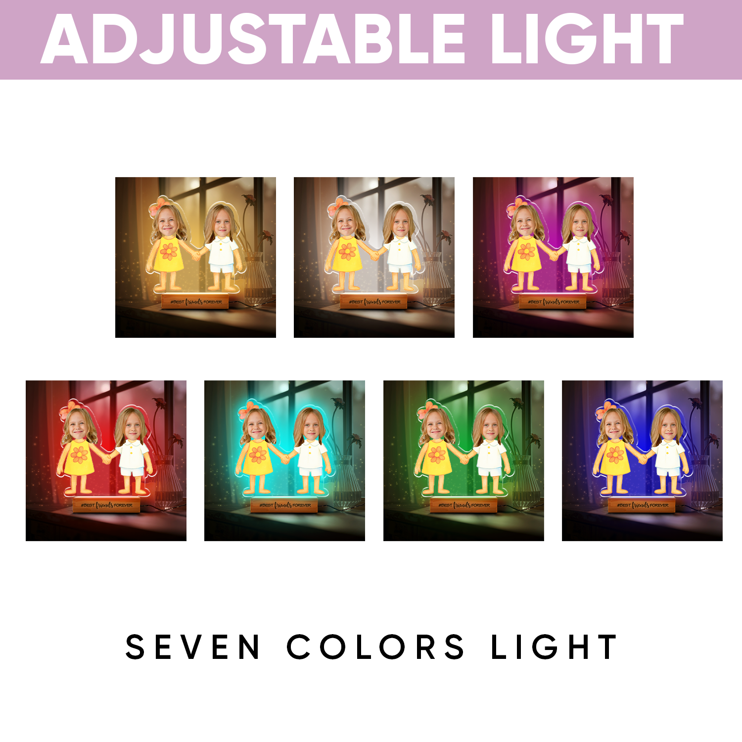 Aeluxlas Personalized Kid Photos Best Friends Forever LED Night Light with Wooden Base Home Decor Friendship Birthday Gift for Boys Girls