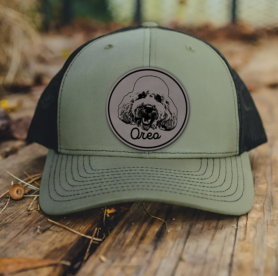 Personalized Leather Patch Trucker Hat – Custom Dog or Human Portrait – Photo Engraved Gift for Pet Lovers THUC99HA15
