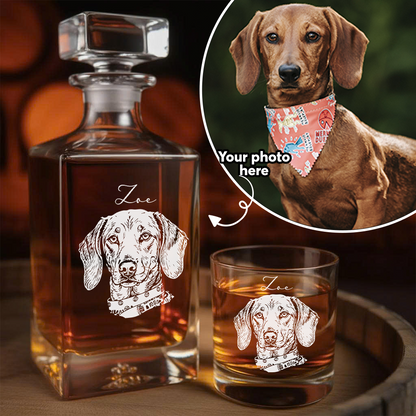 Personalized Dog Whiskey Decanter Set – Custom Photo & Name Glass – 11oz Gift for Pet Lovers