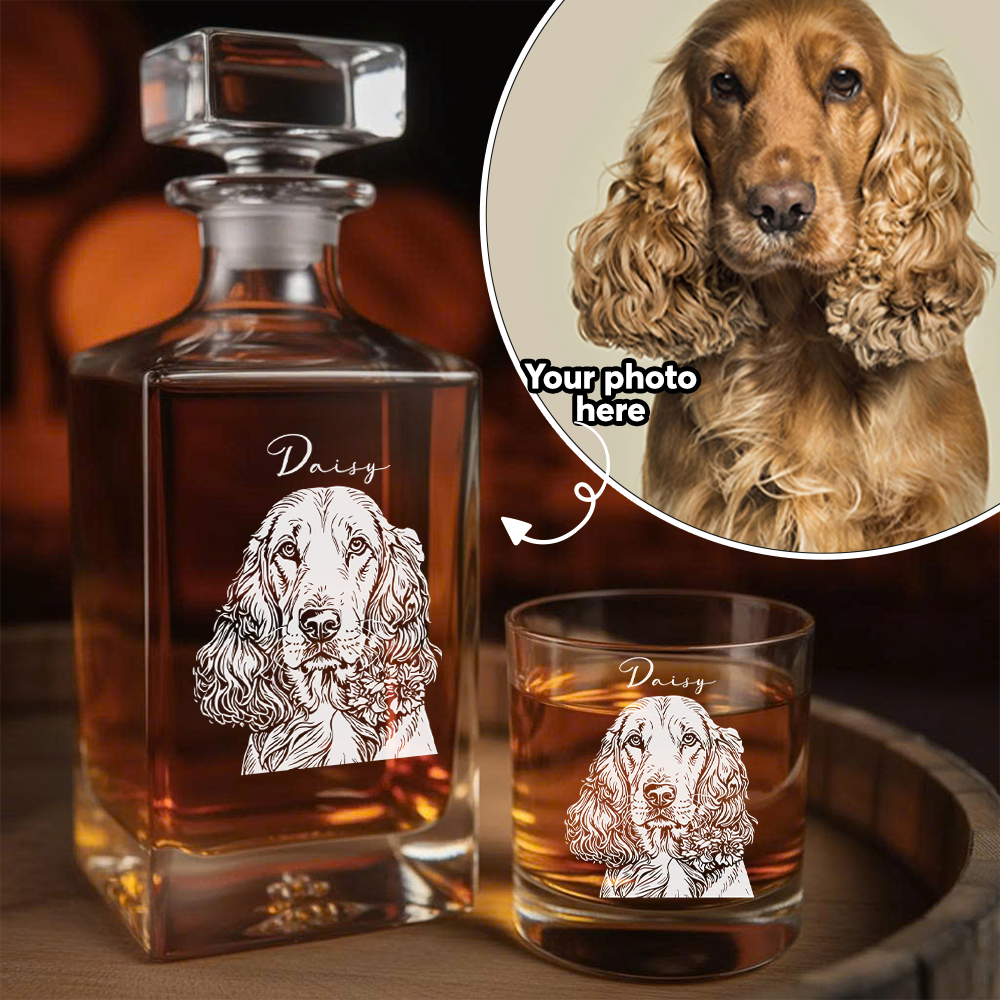 Personalized Dog Whiskey Decanter Set – Custom Pet Photo & Name Engraved Glass 11oz Gift THUC99DP05