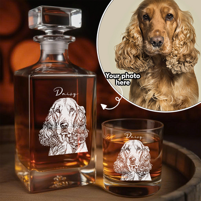 Personalized Dog Whiskey Decanter Set – Custom Pet Photo & Name Engraved Glass 11oz Gift THUC99DP05