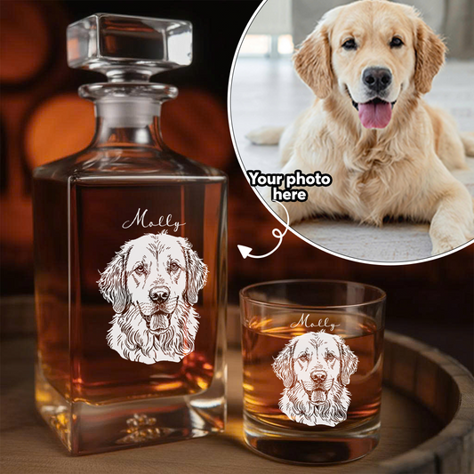 Custom Dog Portrait Whiskey Set – Engraved Decanter & Personalized 11oz Name Glass Gifts THUC99DP01