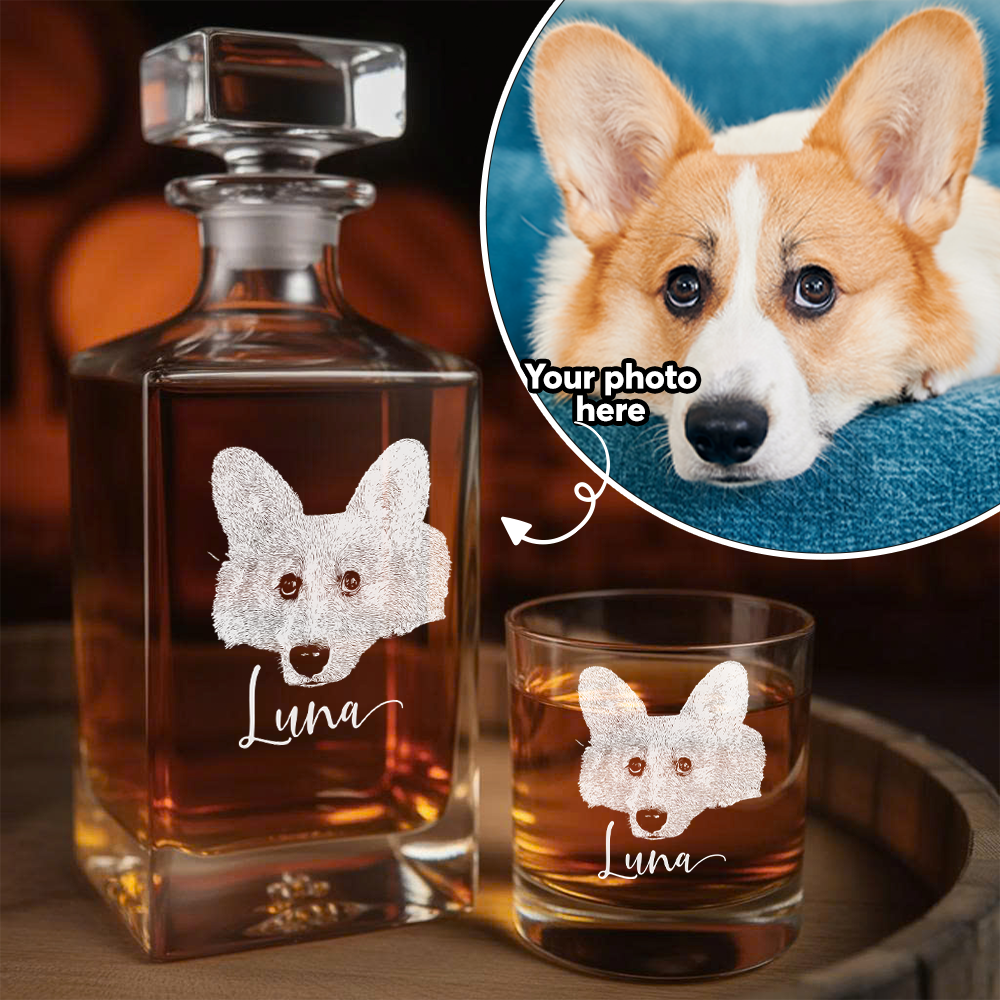 Custom Photo Dog Whiskey Set – Dog Mom Personalized Decanter Set Glass Gifts THUC99DP09