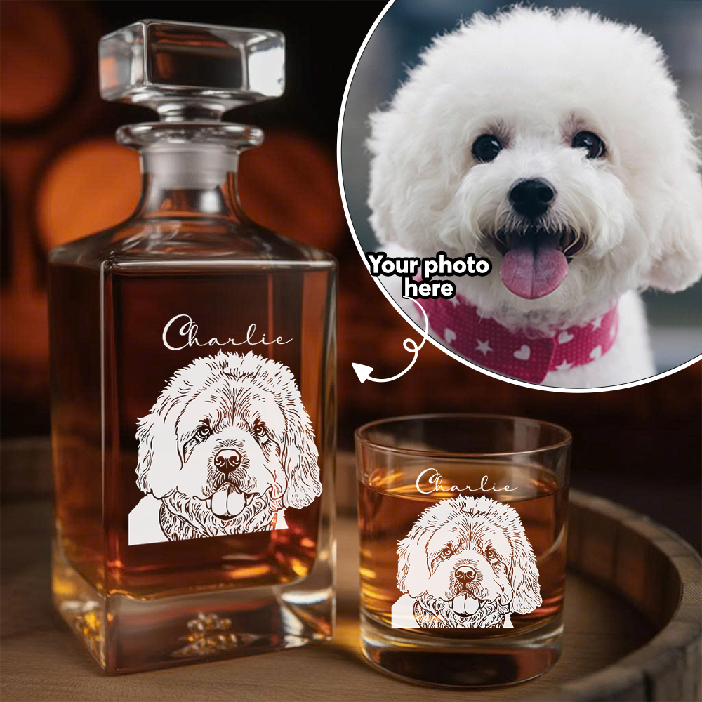 Custom Dog Photo Decanter & Whiskey Glass Set – Custom Name Glass Dog Lover Gift THUC99DP07