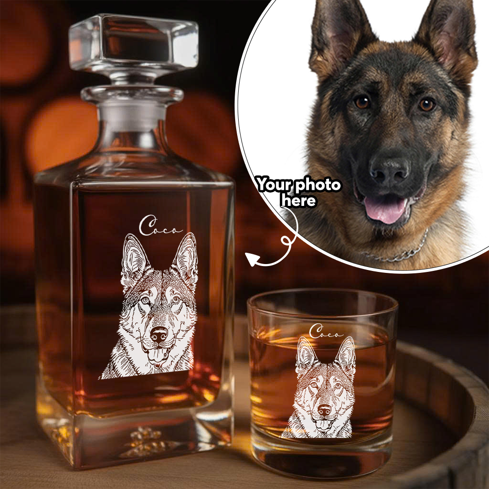 Custom Dog Photo Whiskey Decanter Set – Personalized Pet Name Glass 11oz – Gift for Dog Mom & Dad  THUC99DP04