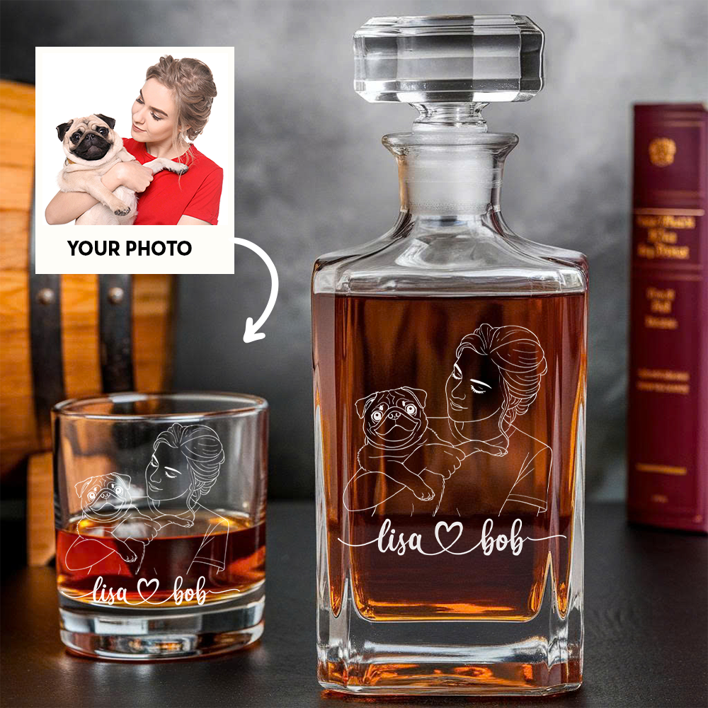 Custom Dog Photo Whiskey Decanter Set + Custom Name Glass Gift for Dog Lovers THUC99DP08
