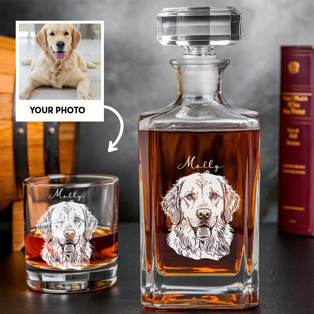 Custom Dog Portrait Whiskey Set – Engraved Decanter & Personalized 11oz Name Glass Gifts THUC99DP01