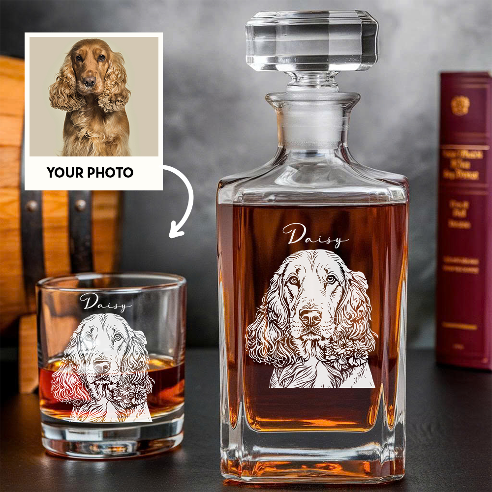 Personalized Dog Whiskey Decanter Set – Custom Pet Photo & Name Engraved Glass 11oz Gift THUC99DP05