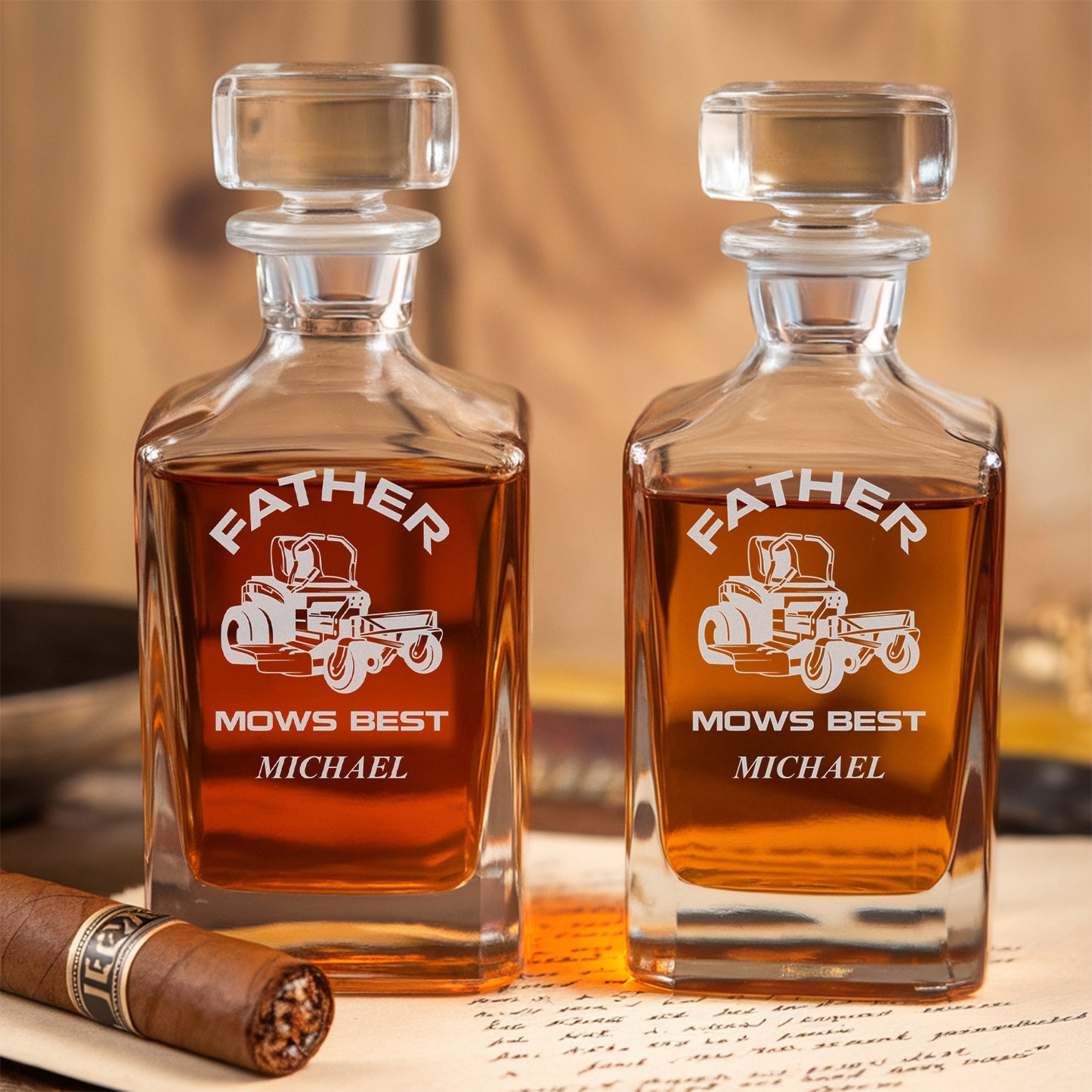 Personalized Father Mows Best Decanter Set With Whiskey Glass, Gift For Dad, Gift For Husband TND079