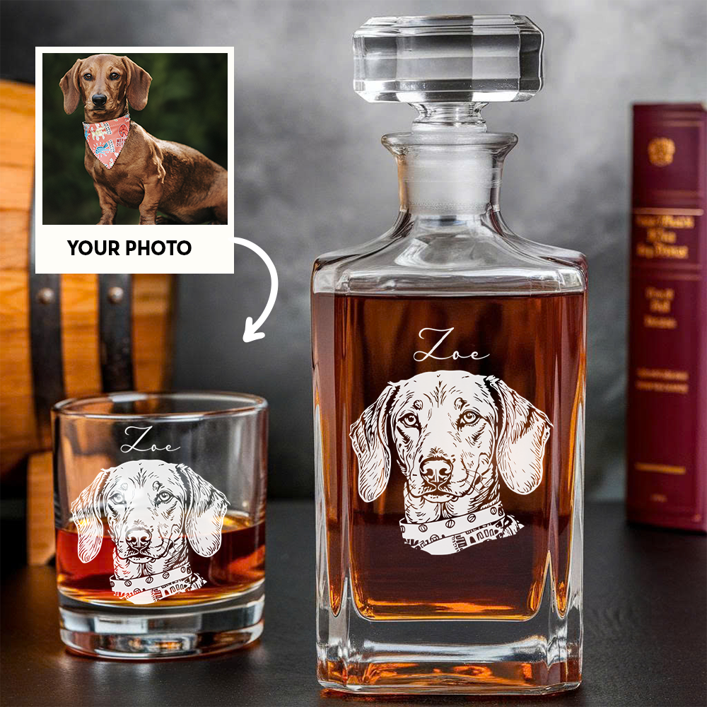 Custom Dog Photo Whiskey Decanter & Glass Set – Personalized Name Gift for Dog Lovers THUC99DP06
