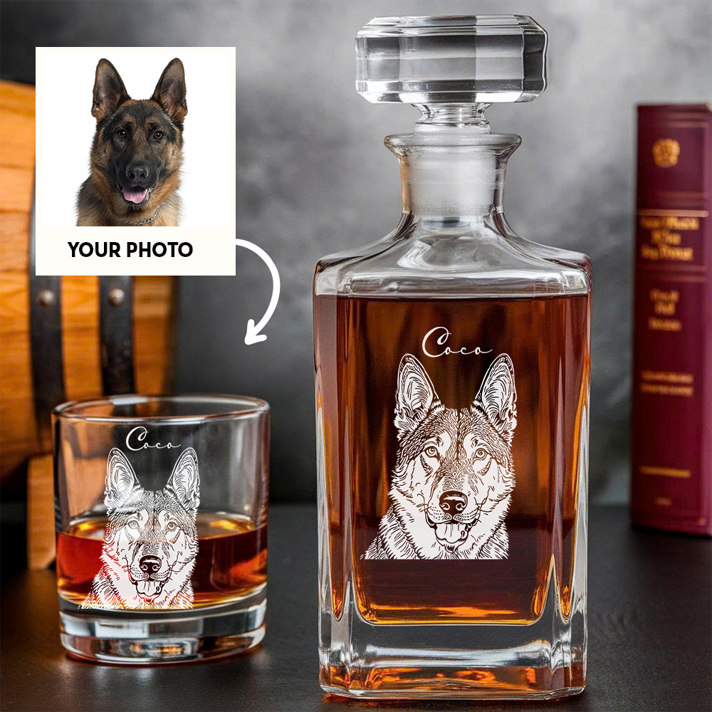 Custom Dog Photo Whiskey Decanter Set – Personalized Pet Name Glass 11oz – Gift for Dog Mom & Dad  THUC99DP04