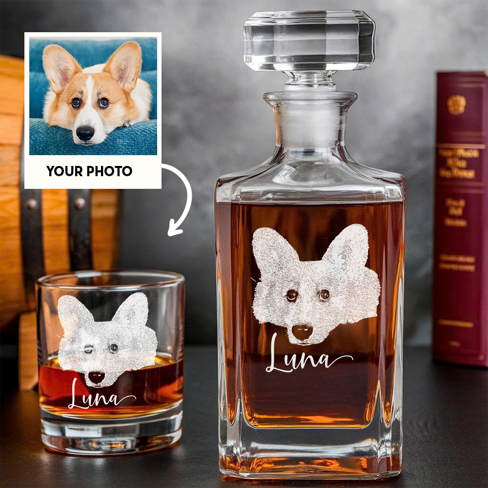 Custom Photo Dog Whiskey Set – Dog Mom Personalized Decanter Set Glass Gifts THUC99DP09