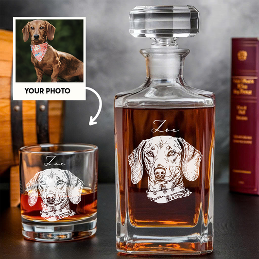 Personalized Dog Whiskey Decanter Set – Custom Photo & Name Glass – 11oz Gift for Pet Lovers