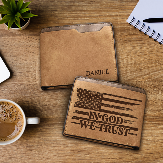 Personalized In God We Trust American Flag Engraved Wallet, Christian Wallet, Jesus Gift, Gift For Husband, Gift For Boyfriend TNW013