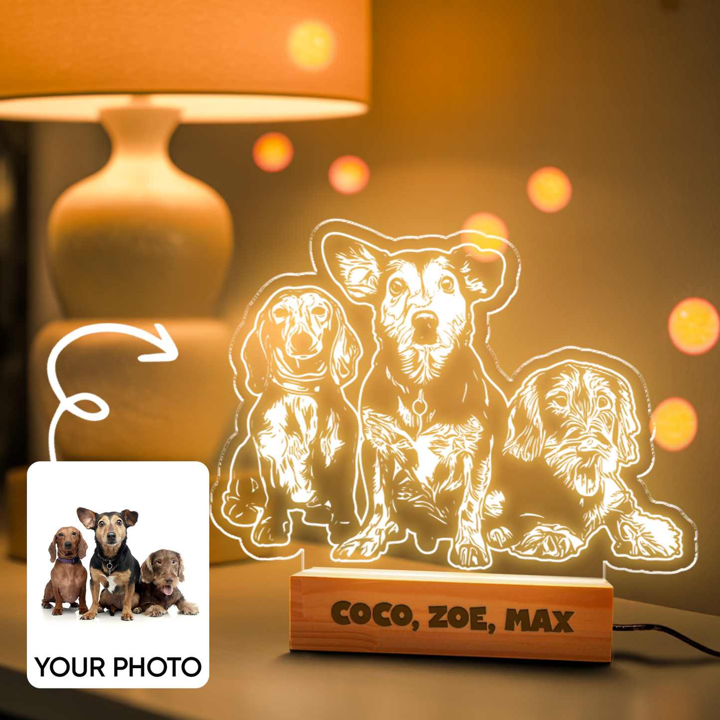 Custom Dog Portrait Night Light, Personalized Pet Lovers Gifts, Personalized Pet Memorial LED Night Light