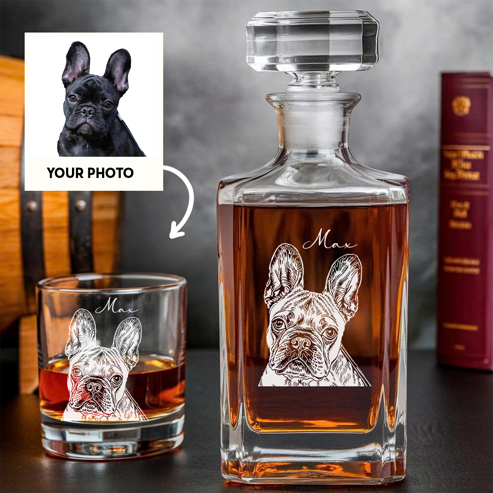 Custom Photo Dog Whiskey Decanter Set + Custom Name Whiskey Glass 11oz Personalized Dog Lover THUC99DP02