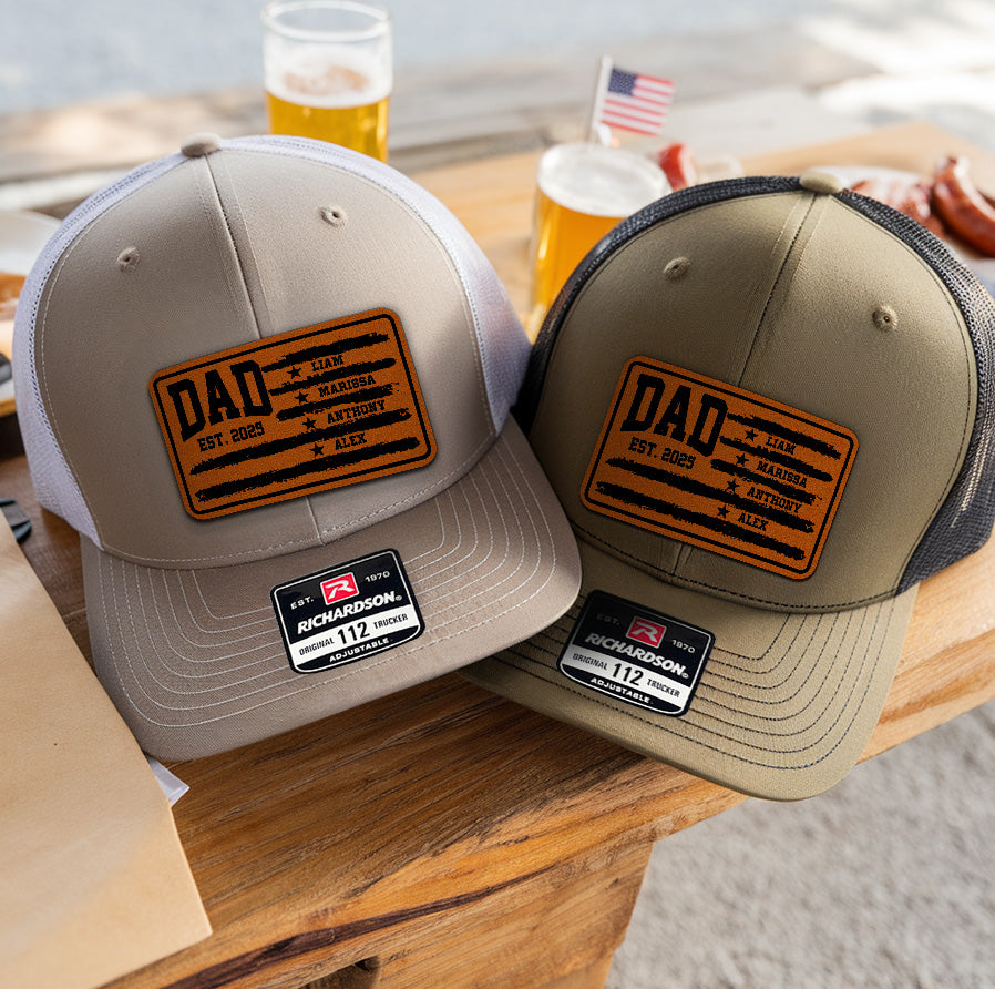 American Dad Leather Patch Hat – Patriotic Trucker Hat for Men – 4th of July Dad Hat – USA Flag Snapback – Dad Birthday Gift Idea NGOC99NT20