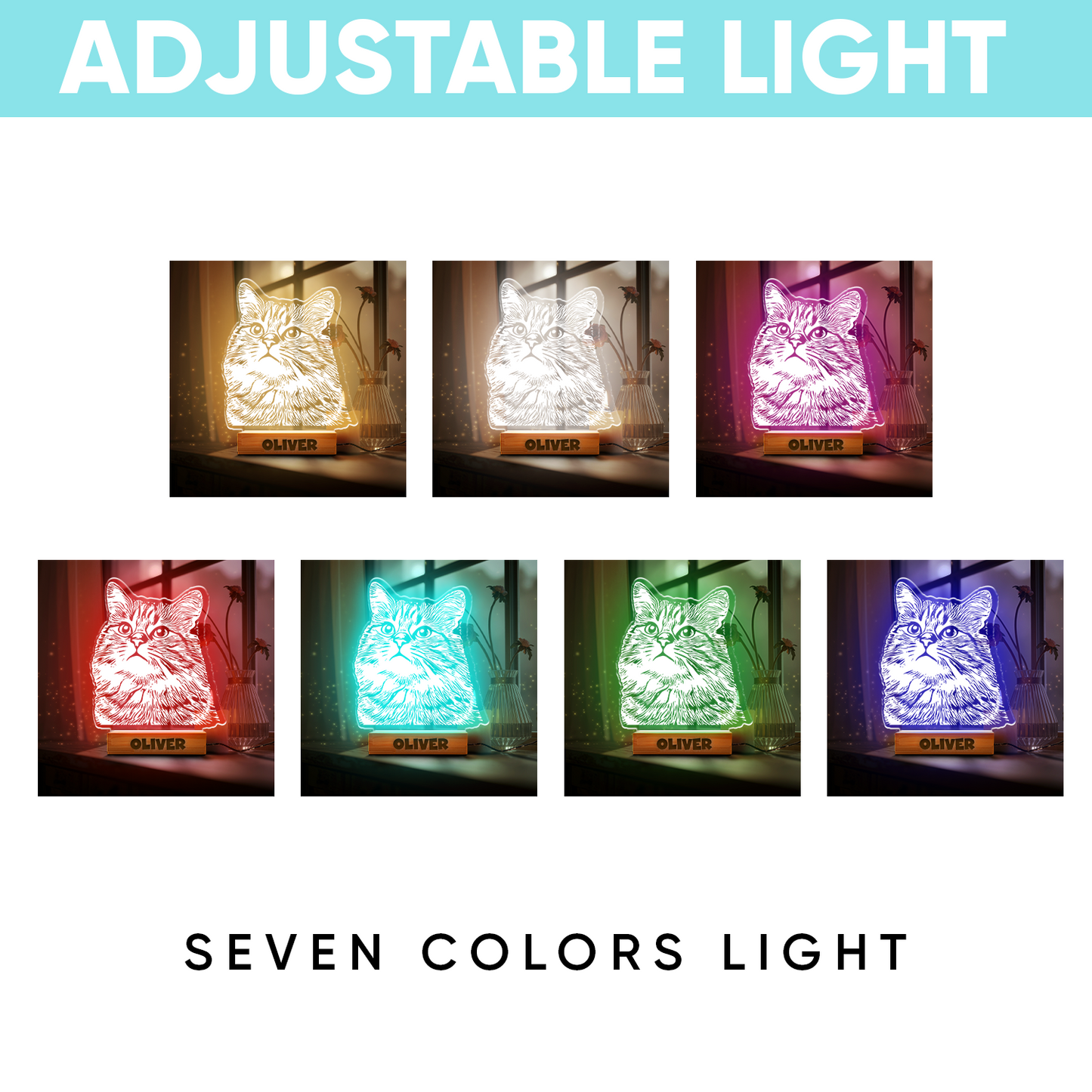 Custom Cat Portrait Night Light, Personalized Pet Lovers Gifts, Personalized Pet Memorial LED Night Light