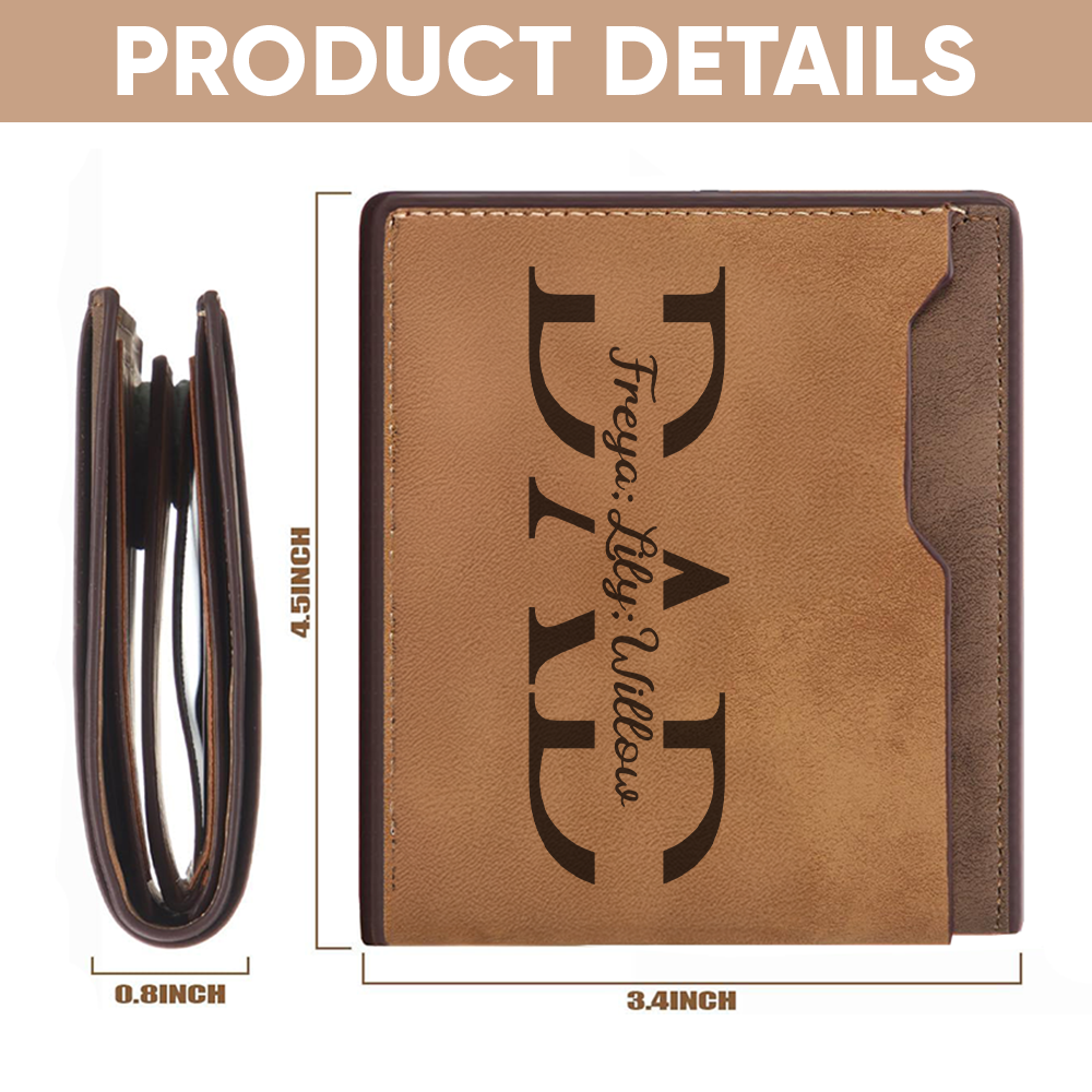 TNW003 Custom Leather Dad Wallet, Engraved Dad Wallet with Kids Names, Fathers Day Gift, New Dad Wallet, Personalized Papa Wallet Gift from Kids