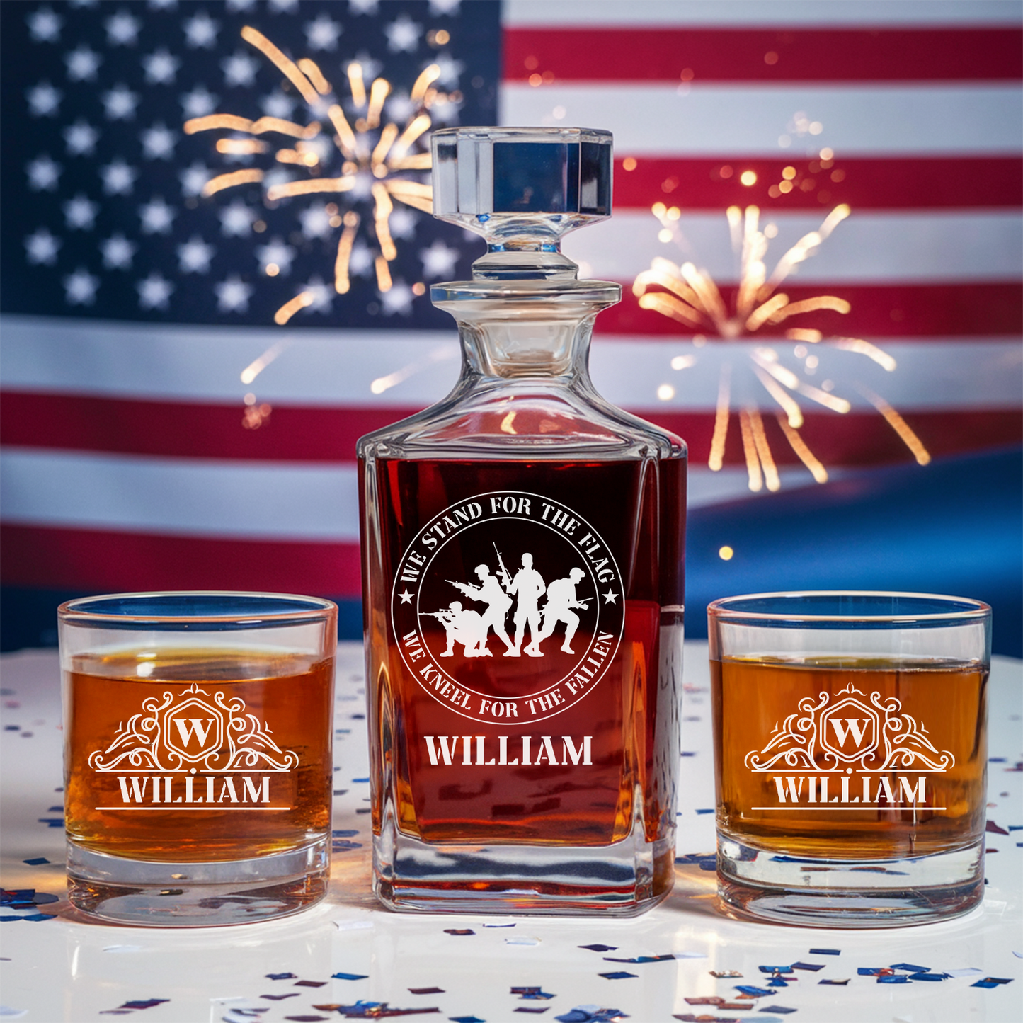 Custom Name We Stand For The Flag We Kneel For The Fallen Whiskey Glass and Decanter Set| Personalized Gifts for Veteran | Patriotic Gift