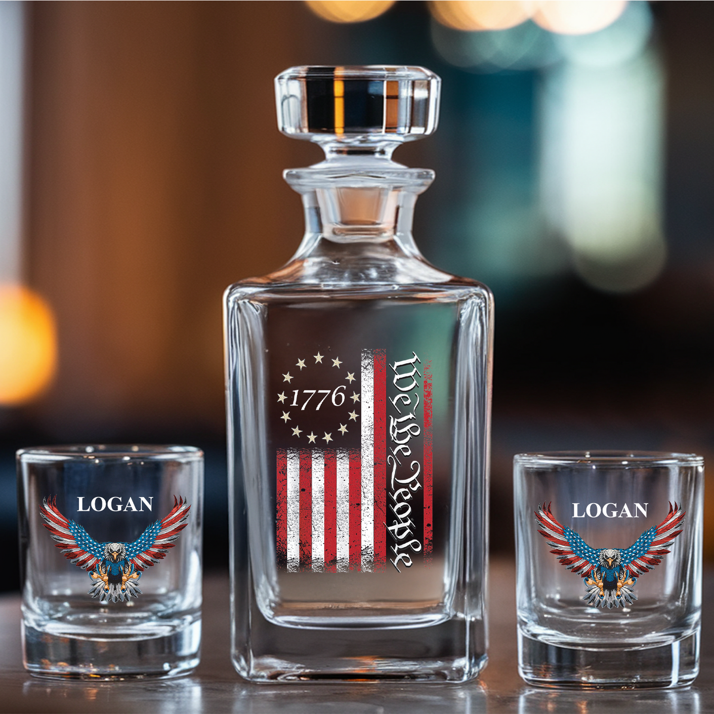 Personalized We The People American Flag Decanter Set With Whiskey Glasses, American Eagle Gift, Military Veteran Gift TND087