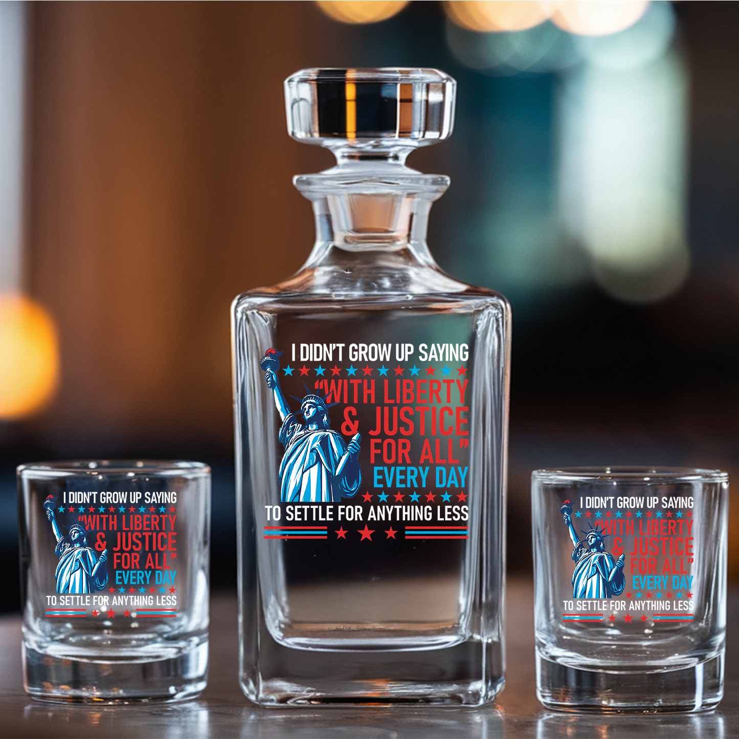 Patriotic Liberty and Justice For All Decanter Set With Whiskey Glasses, 4th of July Gift, Military Veteran Gift, Veteran Whiskey TND084