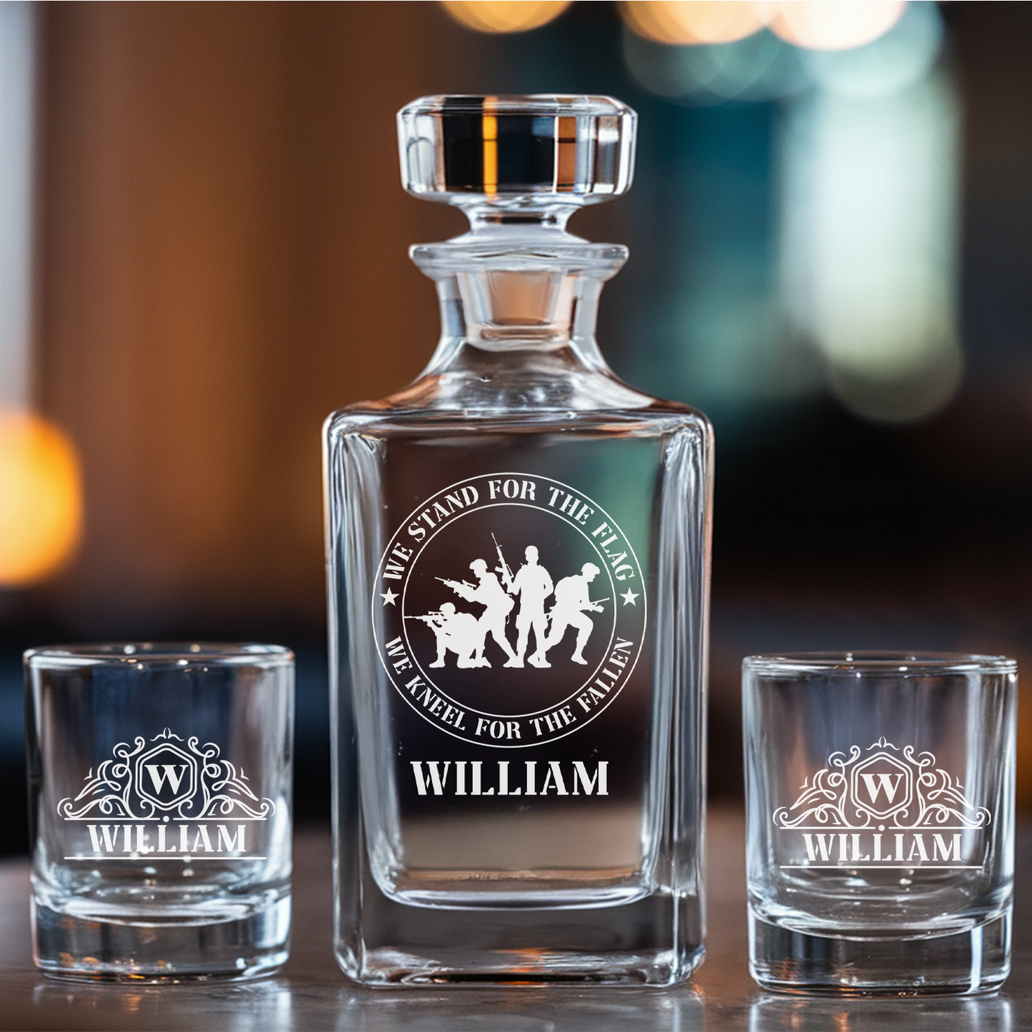 Personalized We Stand For The Flag We Kneel For The Fallen Decanter Set With Glasses, Veteran Gift, Gift For Army