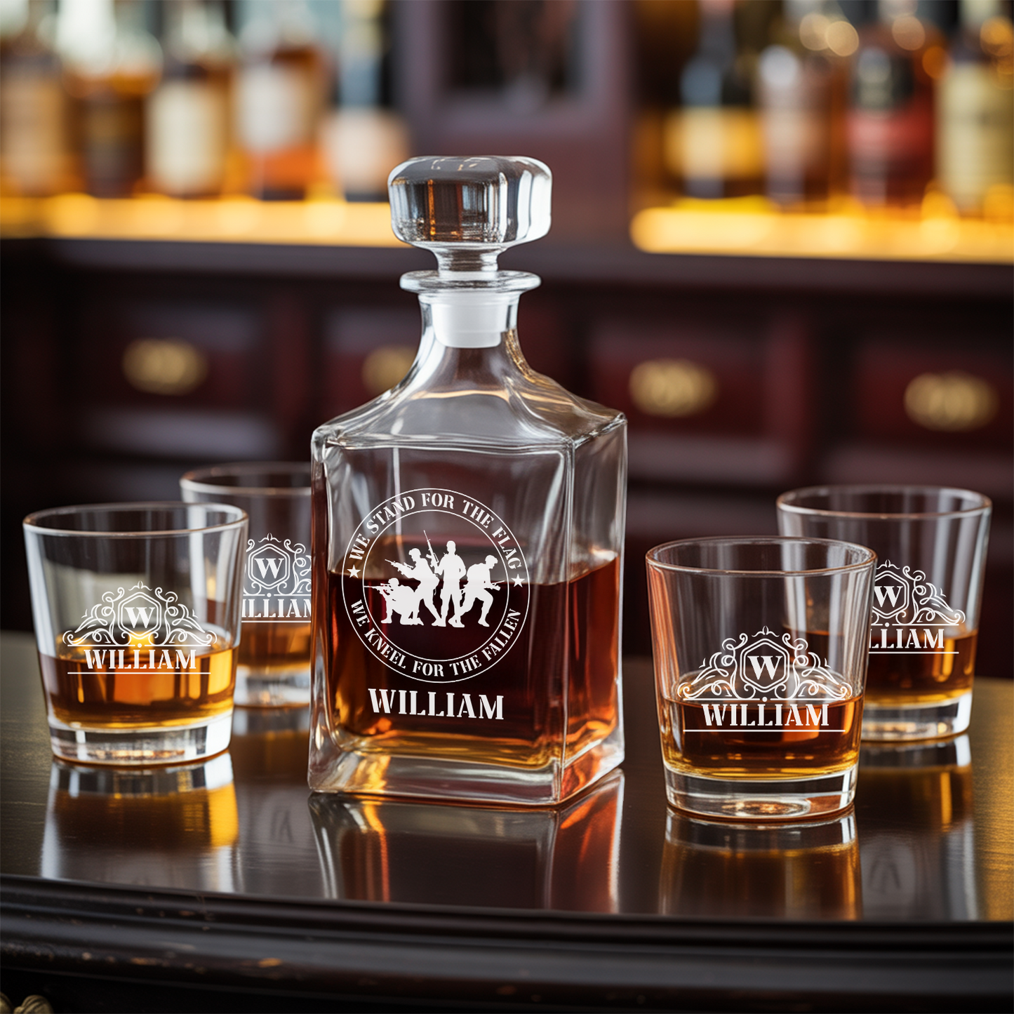 Personalized We Stand For The Flag We Kneel For The Fallen Decanter Set With Glasses, Veteran Gift, Gift For Army