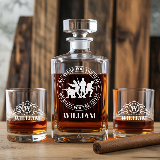 Custom Name We Stand For The Flag We Kneel For The Fallen Whiskey Glass and Decanter Set| Personalized Gifts for Veteran | Patriotic Gift
