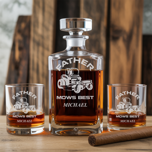 Personalized Father Mows Best Decanter Set With Whiskey Glass, Gift For Dad, Gift For Husband TND079