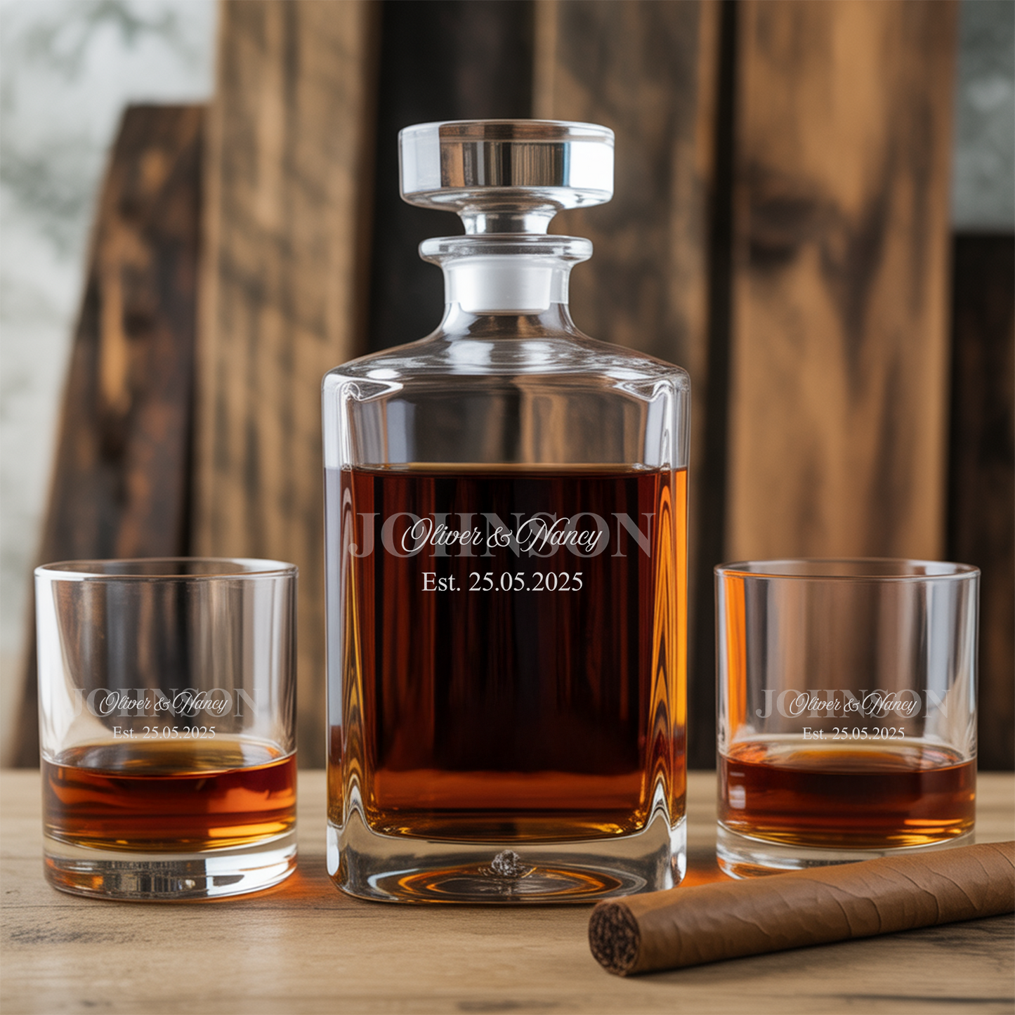 Personalized Last Name Sign with Names And Established Date Decanter With Whiskey Glass TND078