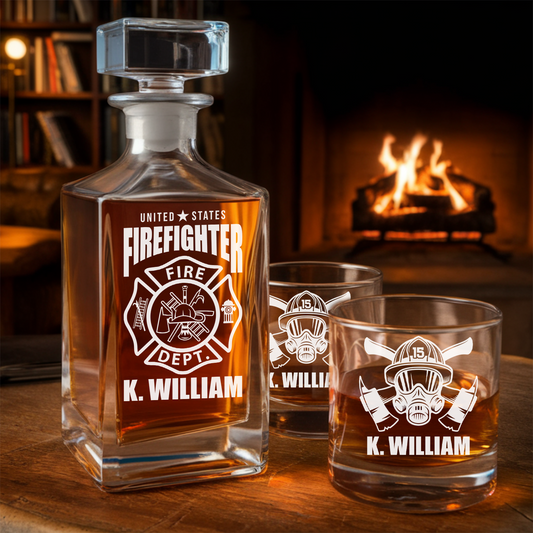 Custom Firefighter Whiskey Glass and Decanter Set| Personalized Gifts for Firefighter | Fireman Gift