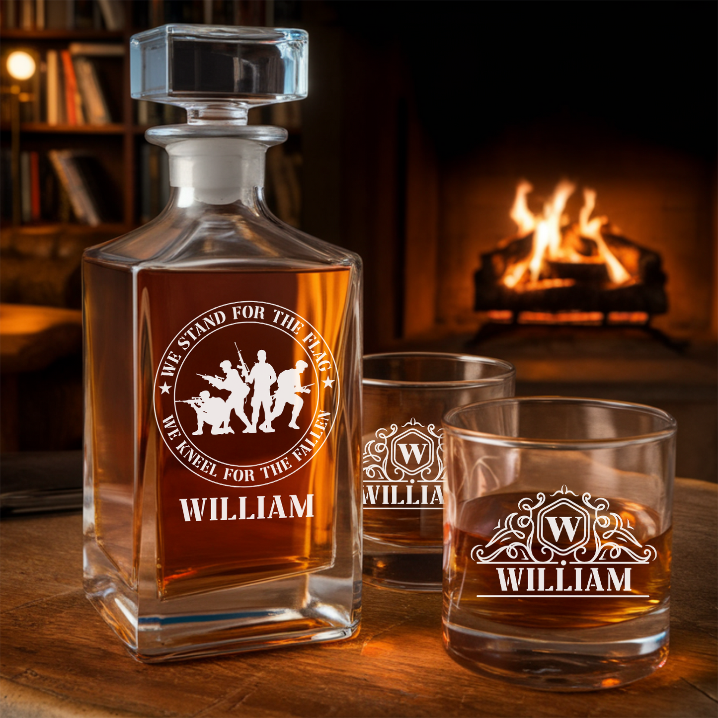 Custom Name We Stand For The Flag We Kneel For The Fallen Whiskey Glass and Decanter Set| Personalized Gifts for Veteran | Patriotic Gift