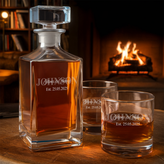 Personalized Last Name Sign with Names And Established Date Decanter With Whiskey Glass TND078