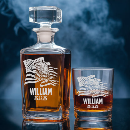 Custom Independence Day Gift, Patriotic Flag, Personalized Whiskey Decanter Set, Veteran Gift TND083