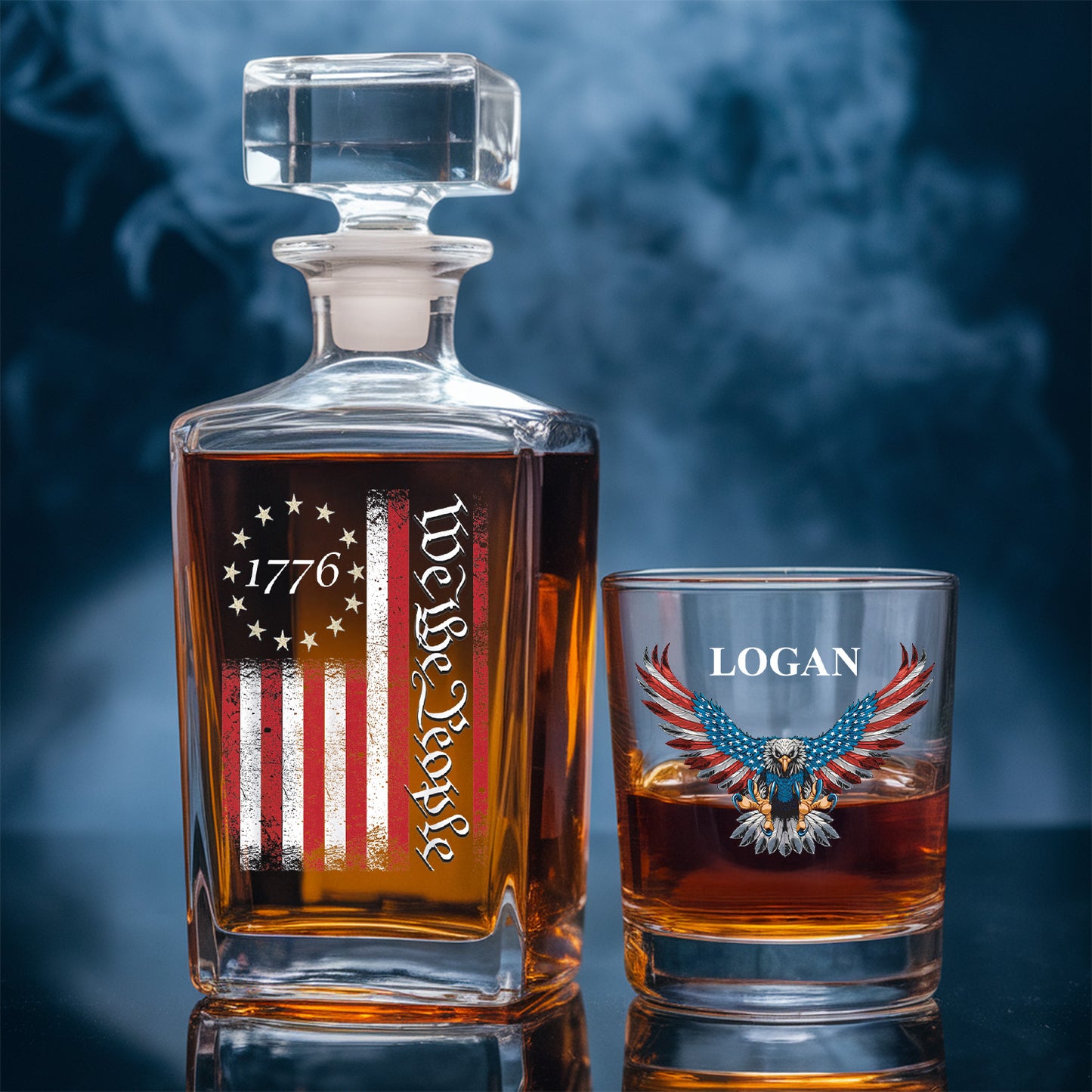 Personalized We The People American Flag Decanter Set With Whiskey Glasses, American Eagle Gift, Military Veteran Gift TND087