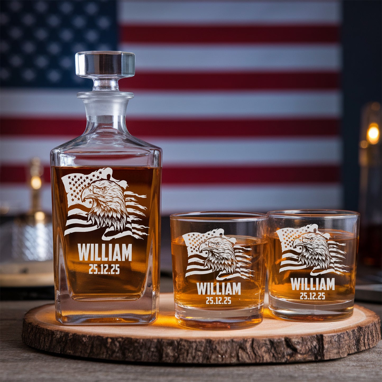 Custom Independence Day Gift, Patriotic Flag, Personalized Whiskey Decanter Set, Veteran Gift TND083