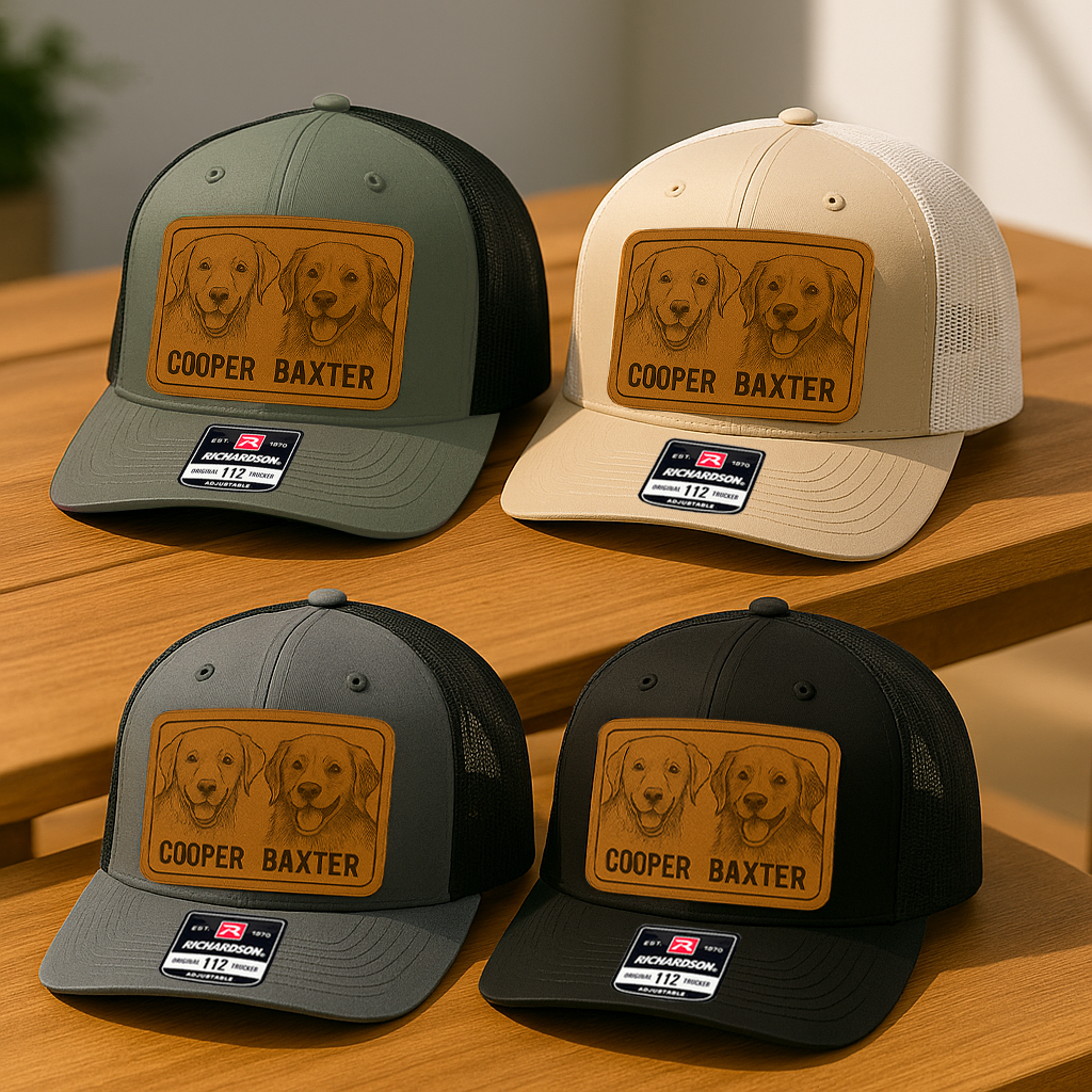 Custom Pet Photo Trucker Hat – Personalized Leather Patch Hat – Couple Dogs Gift – Custom Pet Memorial Hat - Dog Gift - Engraved Hat NGOC99A3