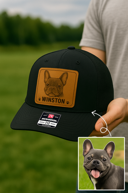 Custom Pet Photo Trucker Hat – Personalized Leather Patch Hat – Dog Owner Gift – Custom Pet Memorial Hat - Dog Gift - Engraved Hat NGOC99A4