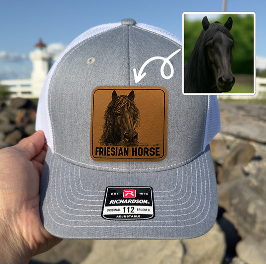 Custom Pet Photo Trucker Hat – Personalized Leather Patch Hat – Horse Owner Gift – Custom Animals Hat NGOC99A10