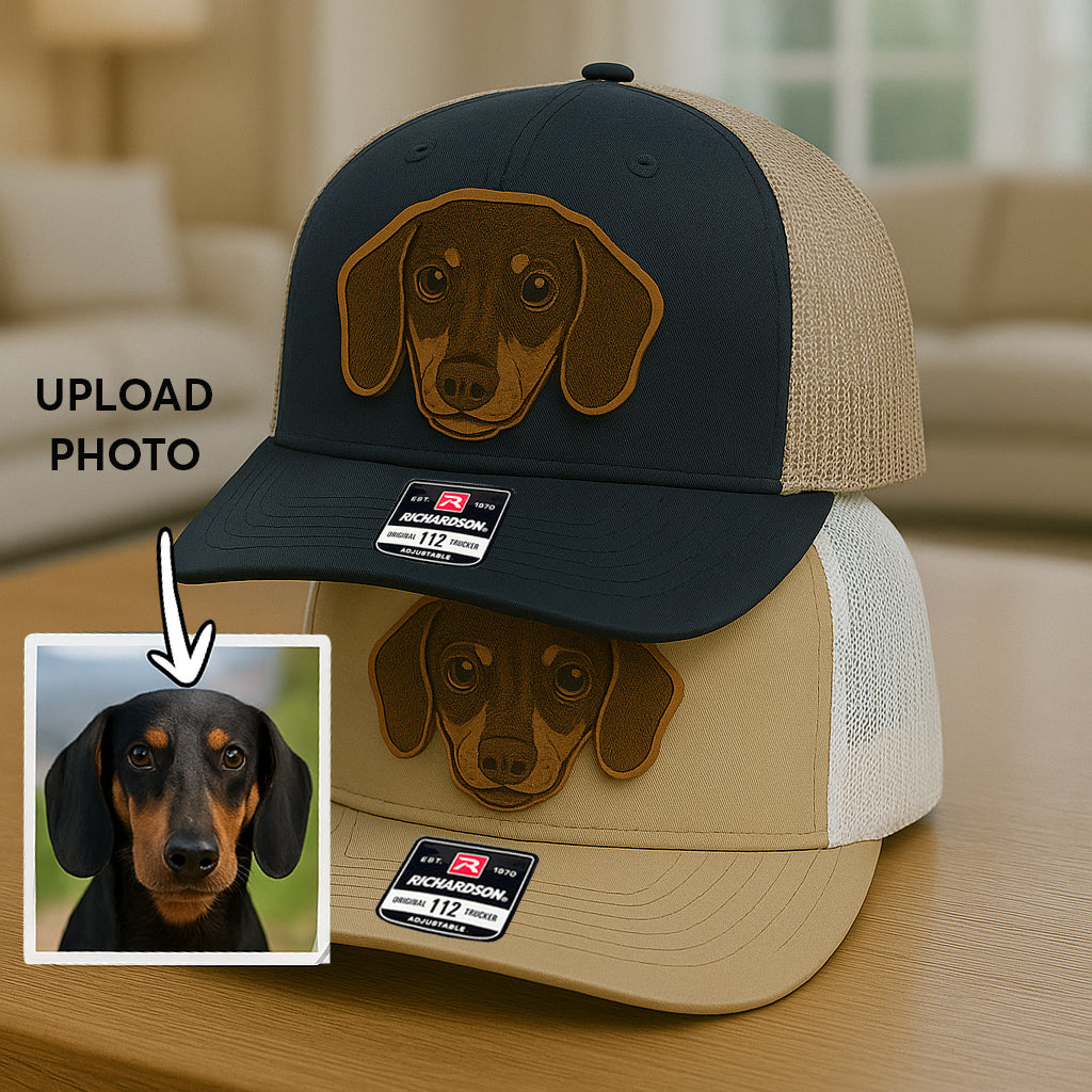 Custom Pet Photo Trucker Hat – Personalized Leather Patch Hat – Dog Dad Gift – Custom Pet Memorial Hat - Dog Lover Gift - Engraved Hat NGOC99A1
