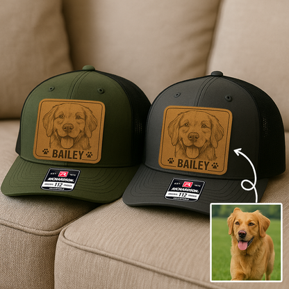 Custom Pet Photo Trucker Hat – Personalized Leather Patch Hat – Dog Portrait Gift – Custom Pet Face Hat NGOC99A8