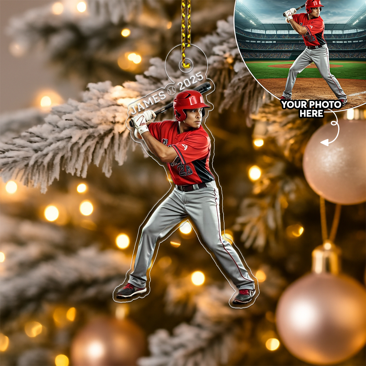 Custom Photo And Name Baseball Xmas Acrylic Ornament Christmas Gift
