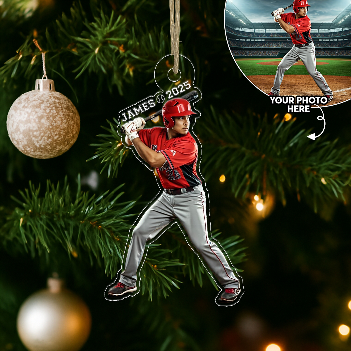 Custom Photo And Name Baseball Xmas Acrylic Ornament Christmas Gift