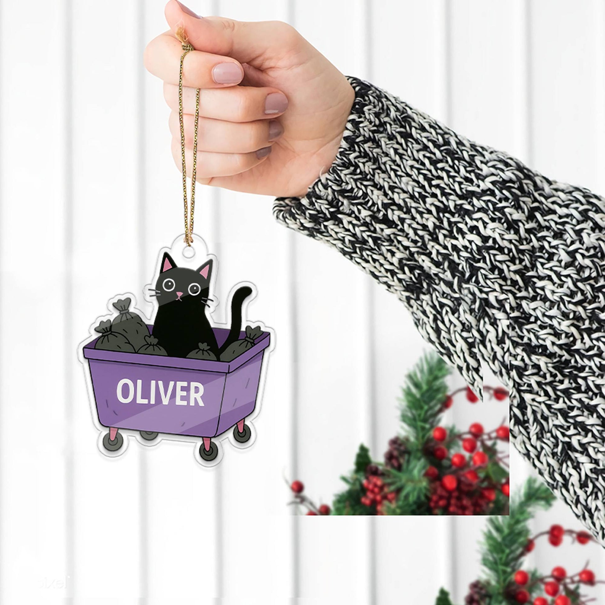 Personalized Black Cat In The Trash Acrylic Ornament, Cat Hanging Tree Decoration, Trash Ornament, Gift for Friend, Funny Ornament Gift