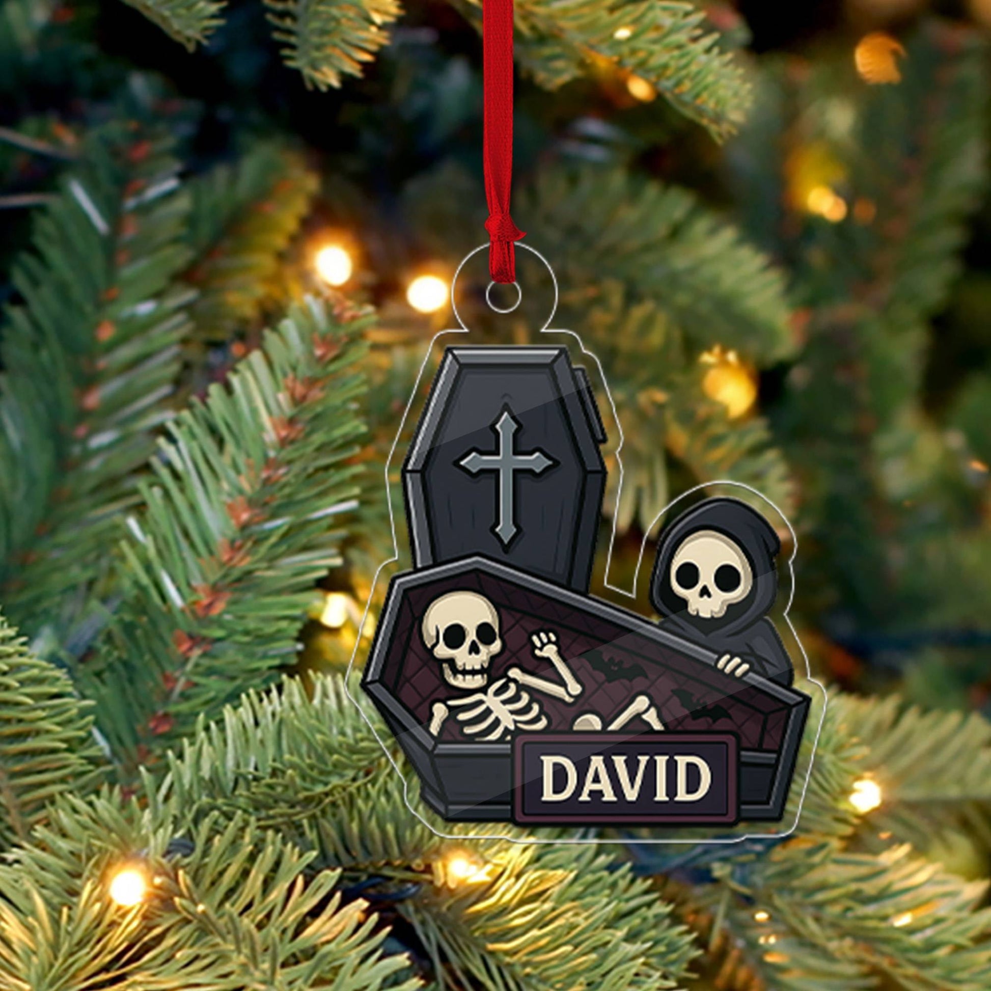 Personalized Coffin With Grim Reaper Ornament, Funny Casket Ornament, Funny Gift, Holiday Xmas Decor, Halloween Gift
