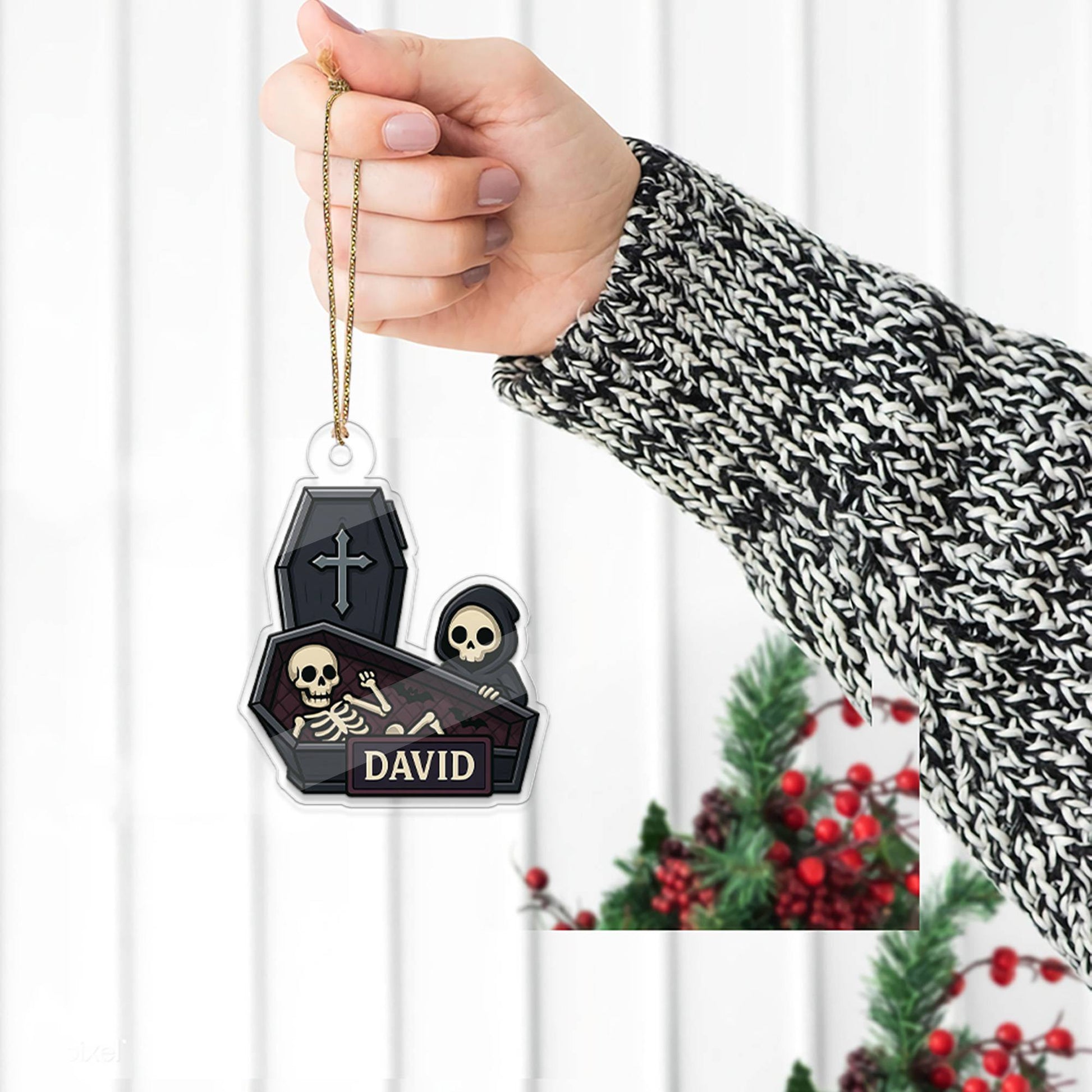 Personalized Coffin With Grim Reaper Ornament, Funny Casket Ornament, Funny Gift, Holiday Xmas Decor, Halloween Gift