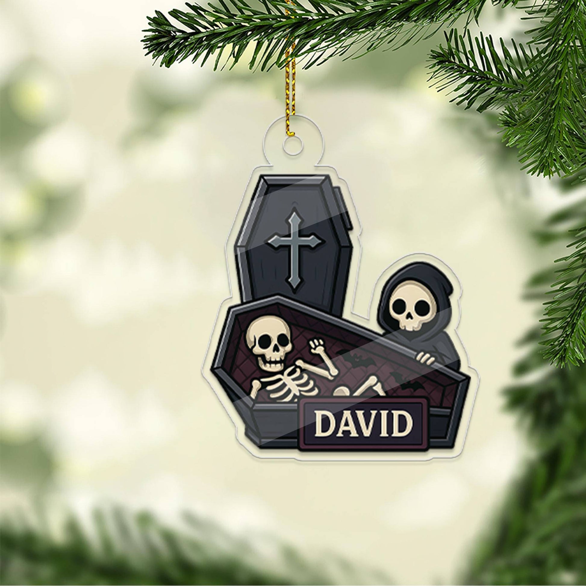 Personalized Coffin With Grim Reaper Ornament, Funny Casket Ornament, Funny Gift, Holiday Xmas Decor, Halloween Gift