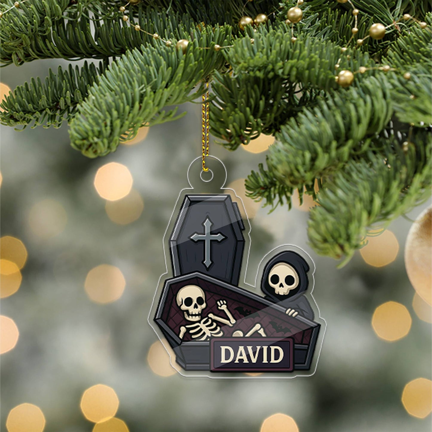 Personalized Coffin With Grim Reaper Ornament, Funny Casket Ornament, Funny Gift, Holiday Xmas Decor, Halloween Gift