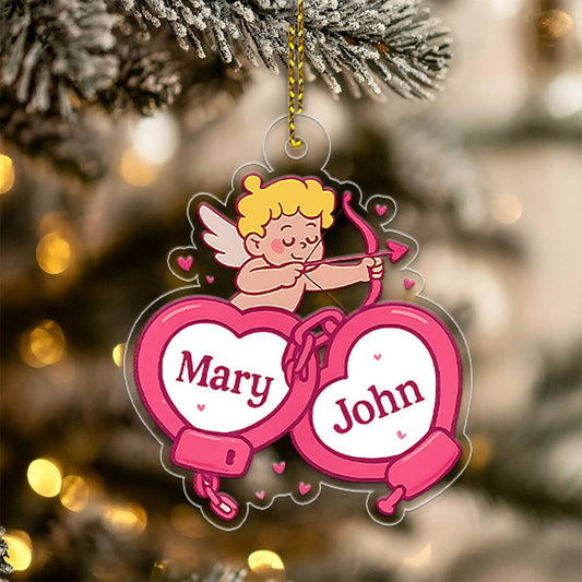 Personalized Handcuffs Heart Ornament, Cupid Love Ornament, Locked in Love, Gift For Couple, Romantic Valentine’s Day Decor